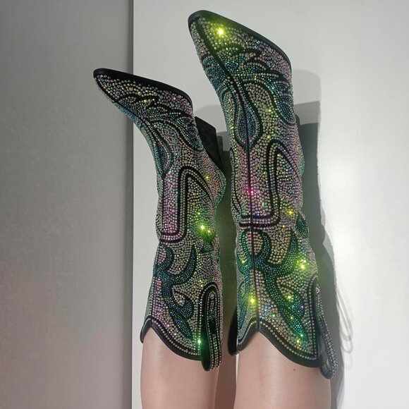 Women's Blue-green Multi-color Patterned Rhinestone Western Cowboy Mid-calf Boot - Picture 7 of 9